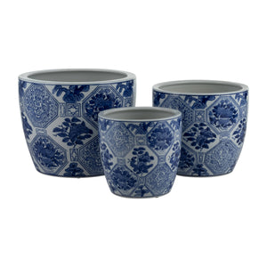 Planters Set of 3 - Blue Ceramic Vintage Style, 6/8/10 in.