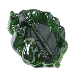 Bird Feeder - Green Ceramic Figurines on Leaf Base, 12 in.