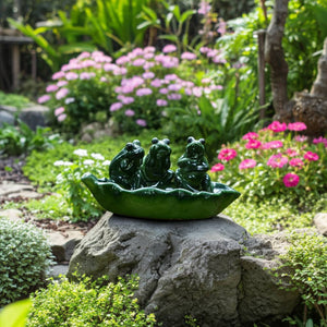 Bird Feeder - Green Ceramic Figurines on Leaf Base, 12 in.