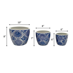 Planters Set of 3 - Blue Ceramic Vintage Style, 6/8/10 in.
