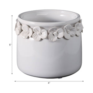 Ceramic Round Floral Applique Planter - White, 6 in.