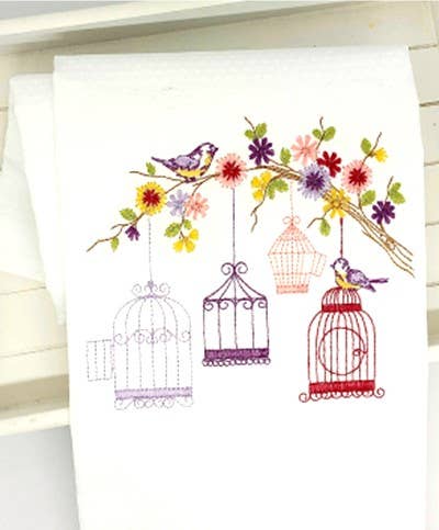 Embroidered Tea Towel - Bird Cages
