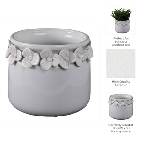 Ceramic Round Floral Applique Planter - White, 6 in.
