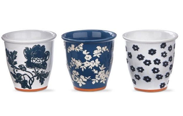 Blue floral herb pot assortment of 3
