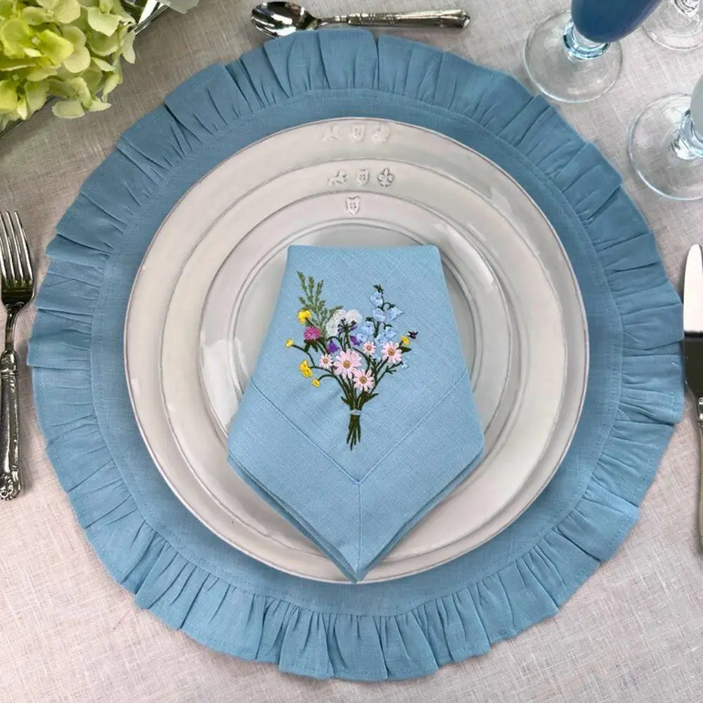 Round Ruffle Linen Placemats-New Colors - Light Blue 16.5 Inch Round