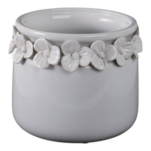 Ceramic Round Floral Applique Planter - White, 6 in.