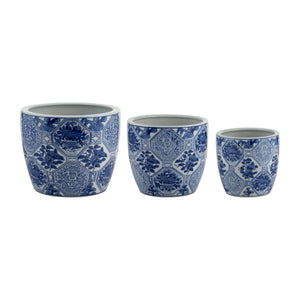 Planters Set of 3 - Blue Ceramic Vintage Style, 6/8/10 in.