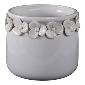 Ceramic Round Floral Applique Planter - White, 6 in.