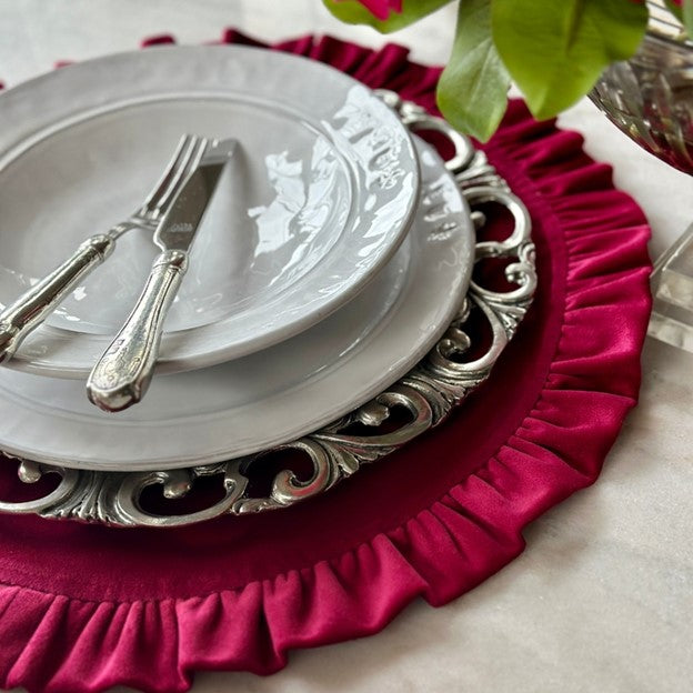 Round Ruffle Velvet Placemat - Red
