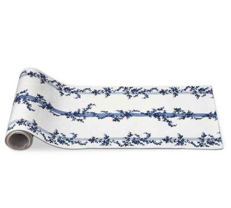 Blue floral linen table runner