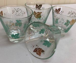 Aqua and Gold Maple Leaf Glasses Set 4